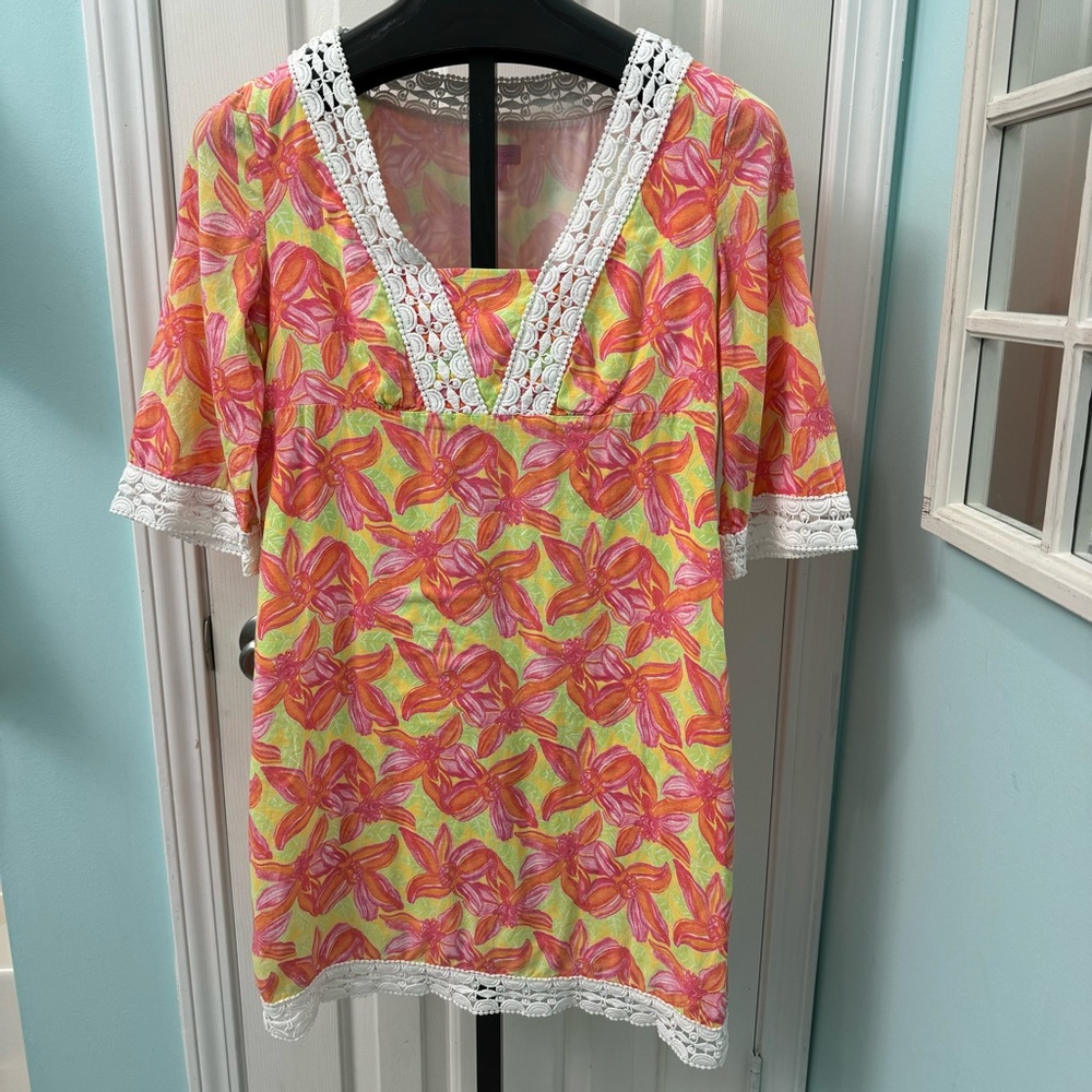 Lilly Pulitzer Women’s Size 6 Sherman Floral Tunic Dress Orange Pink White Lace